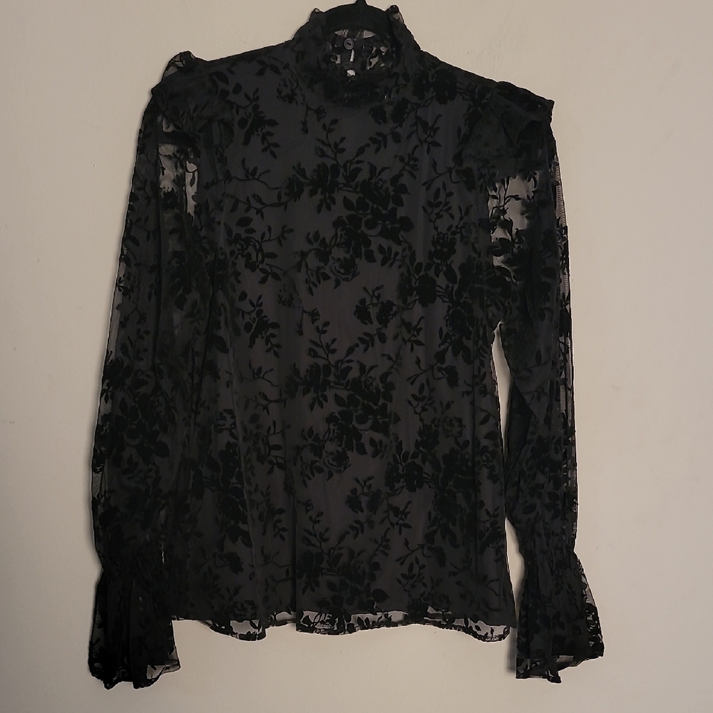 Gibsonlook Elegant Black Floral Burnt-out Velvet Top XS Witchy Pirate Whimsygoth